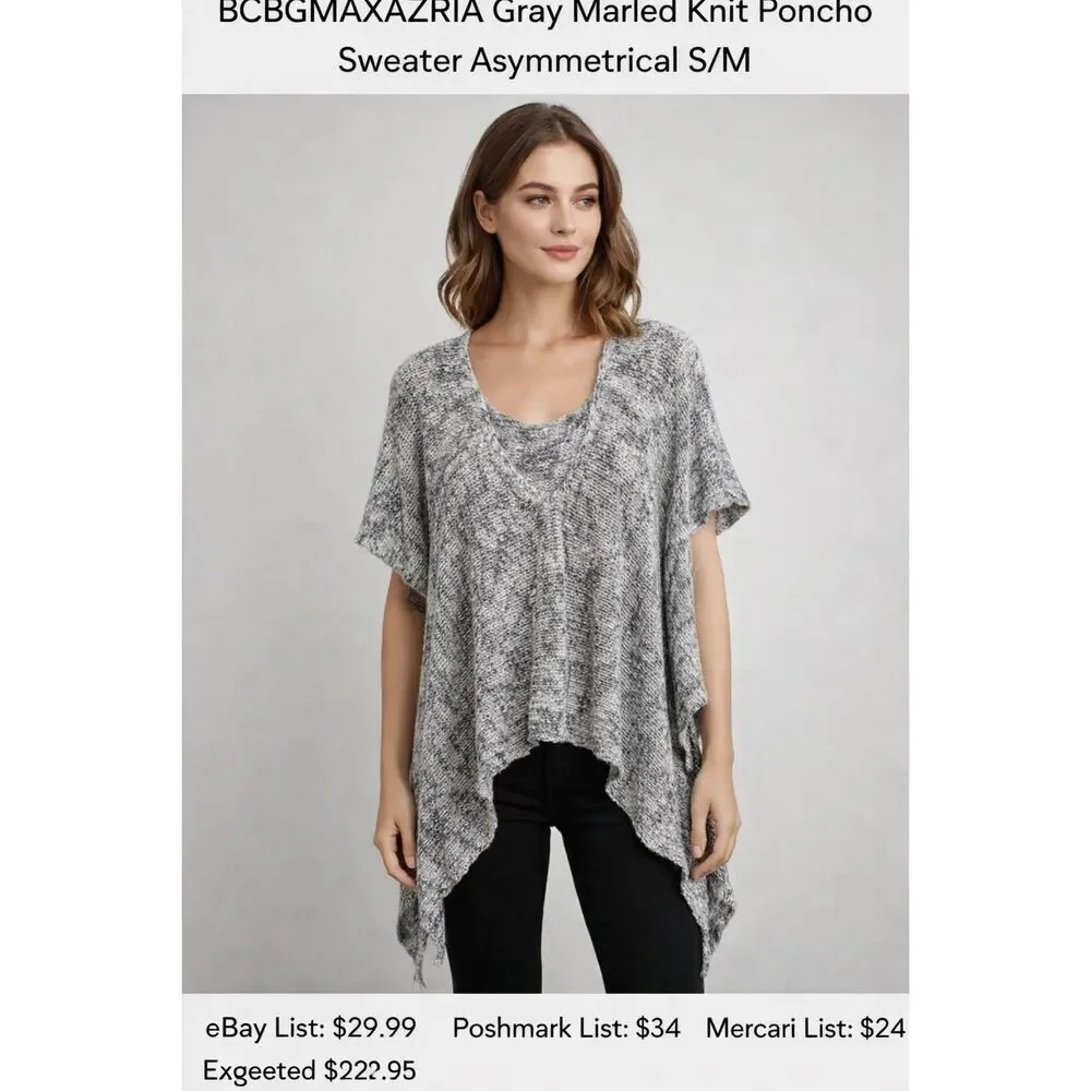 BCBGMAXAZRIA Gray Marled Knit Poncho Sweater Asymmetrical S/M